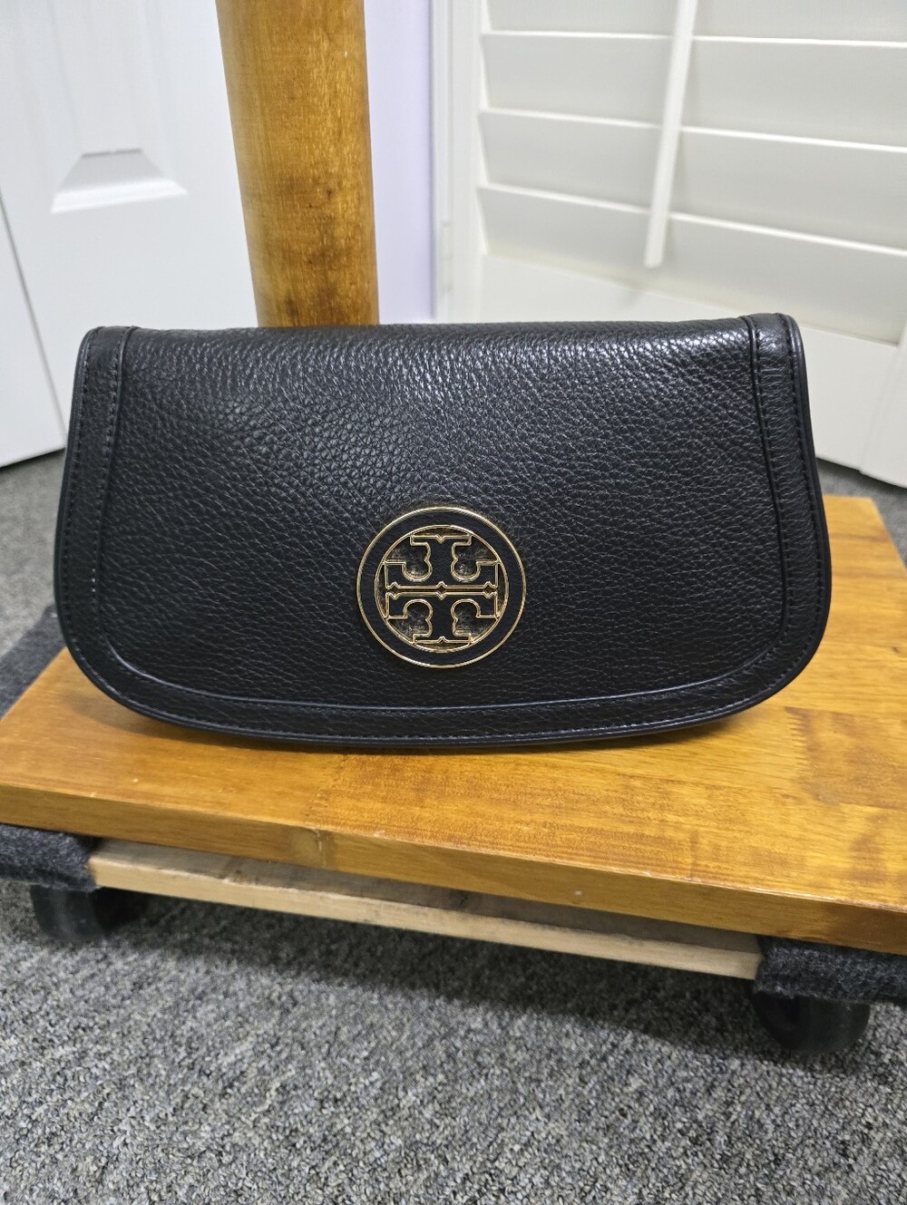 Tory Burch Black Pebbled Leather Amanda Clutch with Gold Logo Medallion